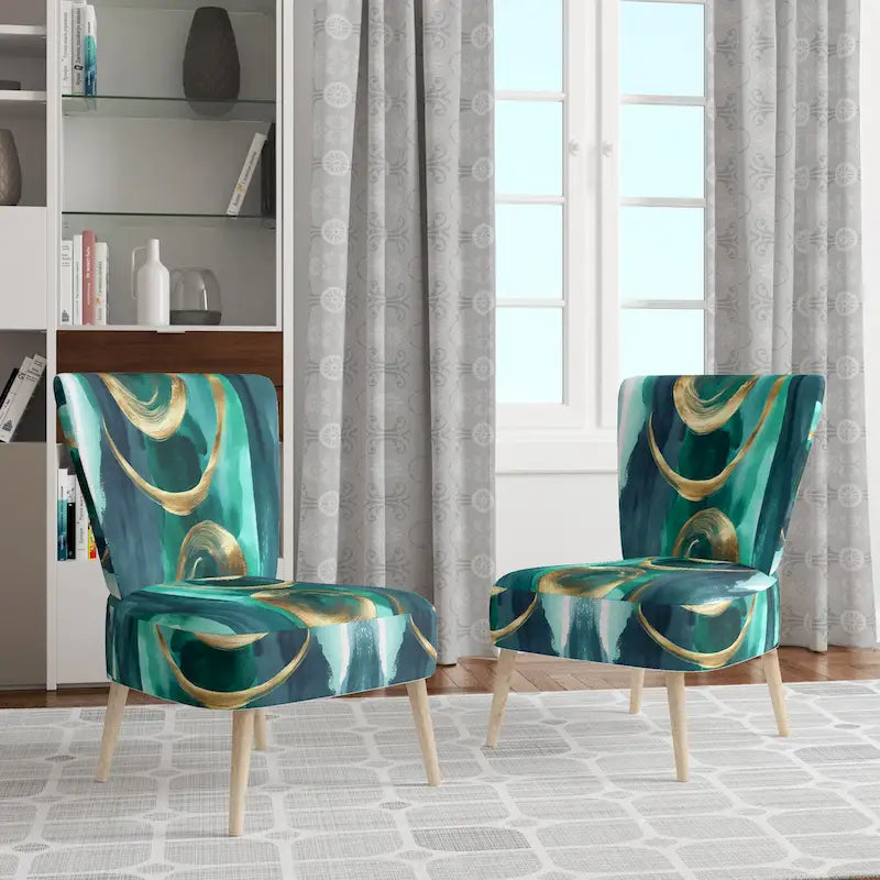 Silla decorativa tapizada abstracta geométrica negra y verde azulado IV de Designart; sillón moderno para dormitorio