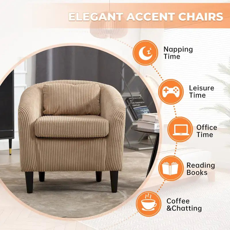 Corduroy Upholstered Century Modern Style Wooden Frame Single Armchair