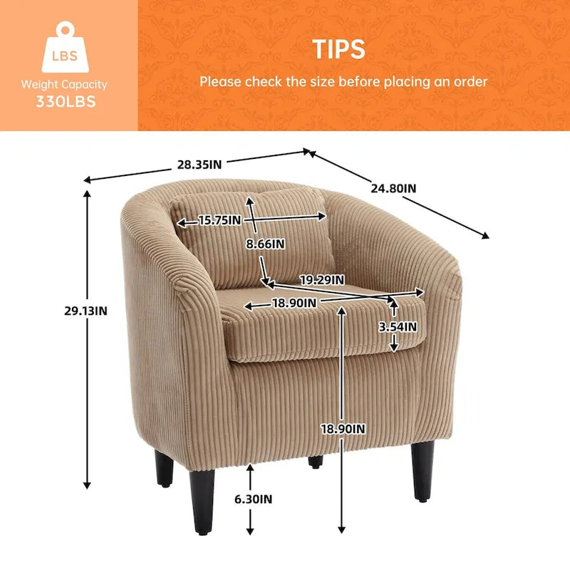 Corduroy Upholstered Century Modern Style Wooden Frame Single Armchair