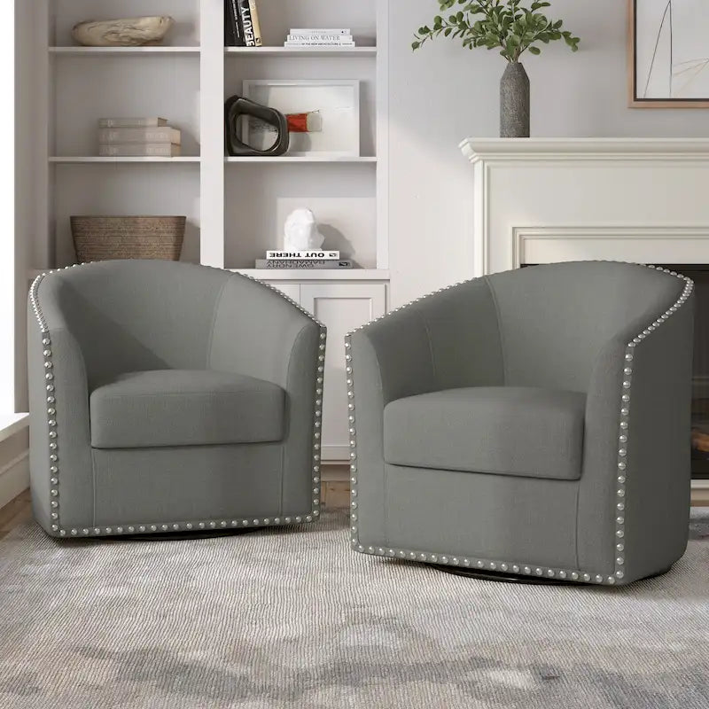 Juego de 2 sillones decorativos giratorios tapizados con ribete de tachuelas