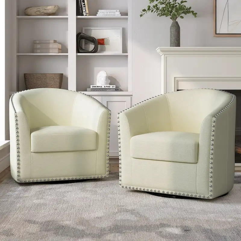 Juego de 2 sillones decorativos giratorios tapizados con ribete de tachuelas